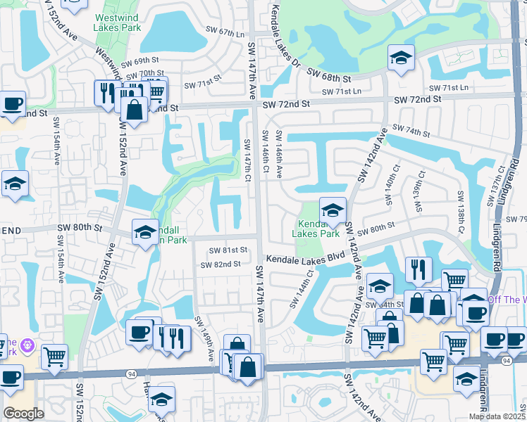 map of restaurants, bars, coffee shops, grocery stores, and more near 7914 Southwest 146th Court in Miami