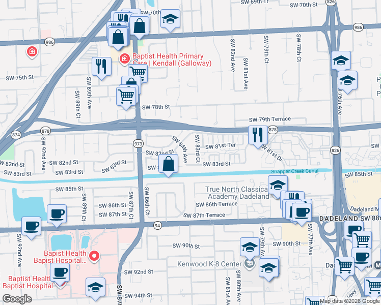 map of restaurants, bars, coffee shops, grocery stores, and more near 8345 Southwest 82nd Street in Miami