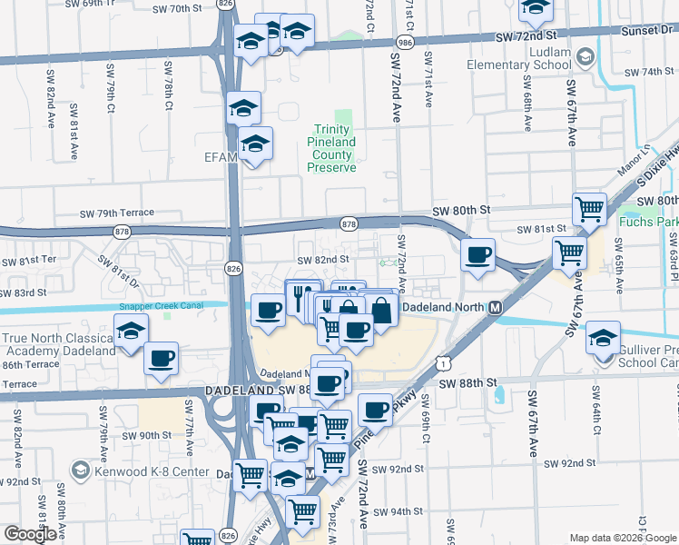 map of restaurants, bars, coffee shops, grocery stores, and more near 7324 Southwest 82nd Street in Miami