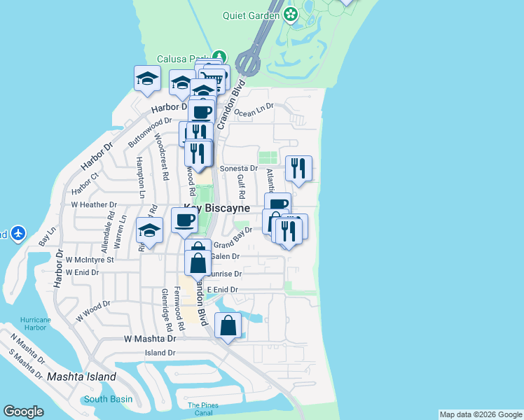 map of restaurants, bars, coffee shops, grocery stores, and more near 2 Turtle Walk in Key Biscayne