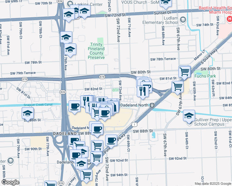 map of restaurants, bars, coffee shops, grocery stores, and more near 8255 Southwest 72nd Court in Miami