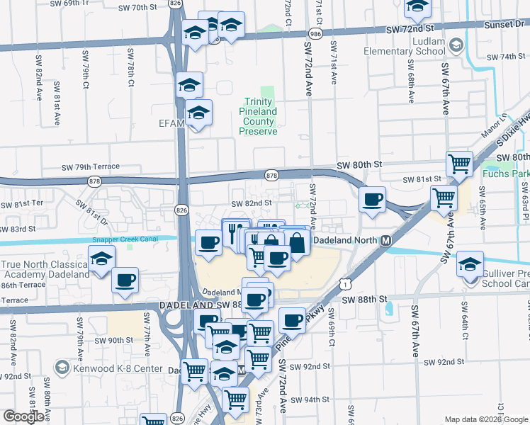 map of restaurants, bars, coffee shops, grocery stores, and more near 7324 Southwest 82nd Street in Miami