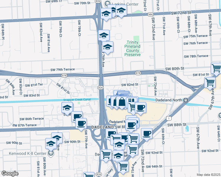 map of restaurants, bars, coffee shops, grocery stores, and more near 7600 Southwest 82nd Street in Miami