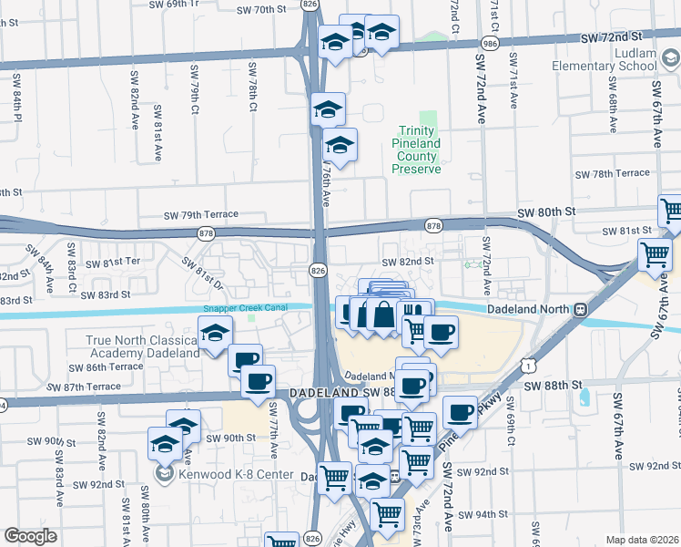 map of restaurants, bars, coffee shops, grocery stores, and more near 7590 Southwest 82nd Street in Miami