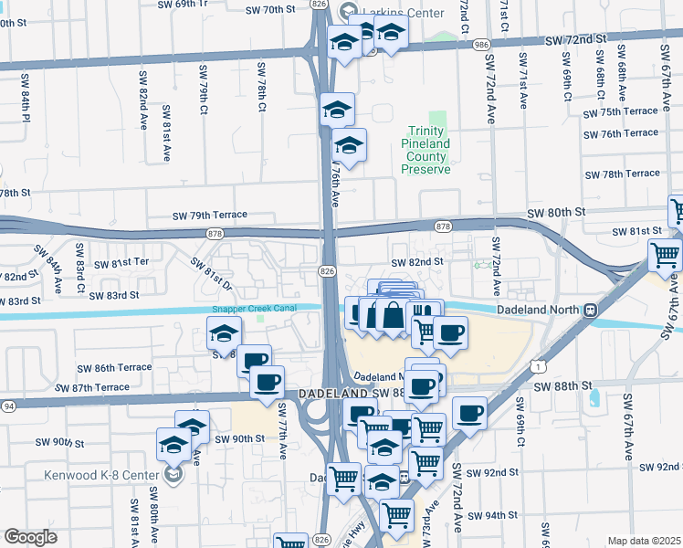 map of restaurants, bars, coffee shops, grocery stores, and more near 7590 Southwest 82nd Street in Miami