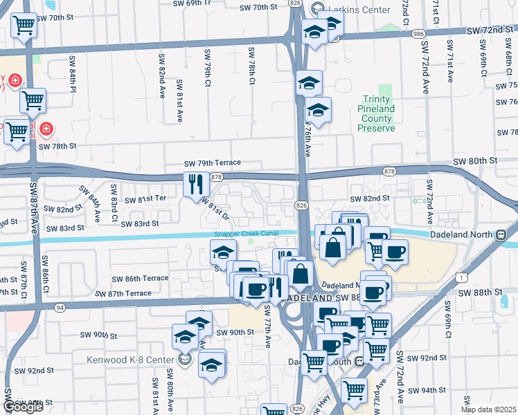 map of restaurants, bars, coffee shops, grocery stores, and more near 7820 Camino Real in Miami