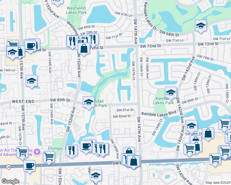 map of restaurants, bars, coffee shops, grocery stores, and more near 7810 Southwest 148th Avenue in Miami