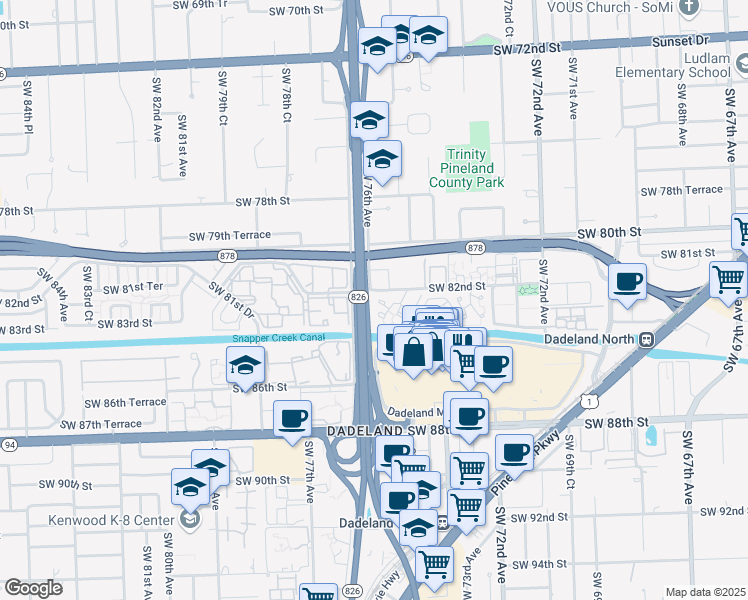 map of restaurants, bars, coffee shops, grocery stores, and more near 7590 Southwest 82nd Street in Miami