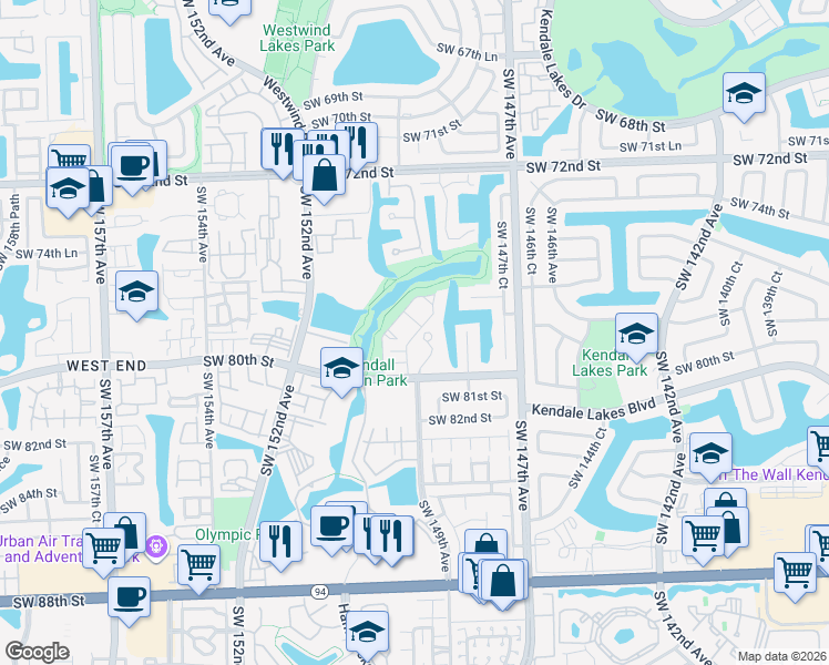 map of restaurants, bars, coffee shops, grocery stores, and more near 14911 Southwest 80th Street in Miami
