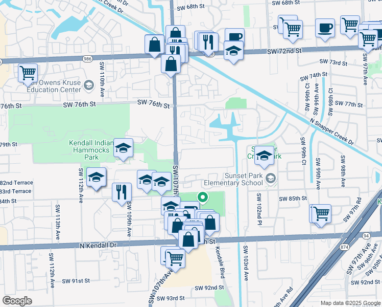 map of restaurants, bars, coffee shops, grocery stores, and more near 8015 Southwest 107th Avenue in Miami