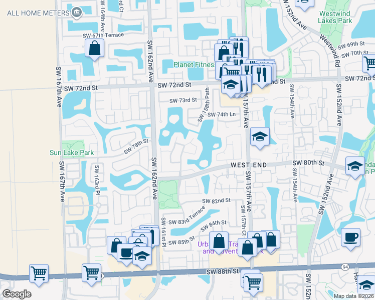 map of restaurants, bars, coffee shops, grocery stores, and more near 15971 Southwest 78th Street in Miami