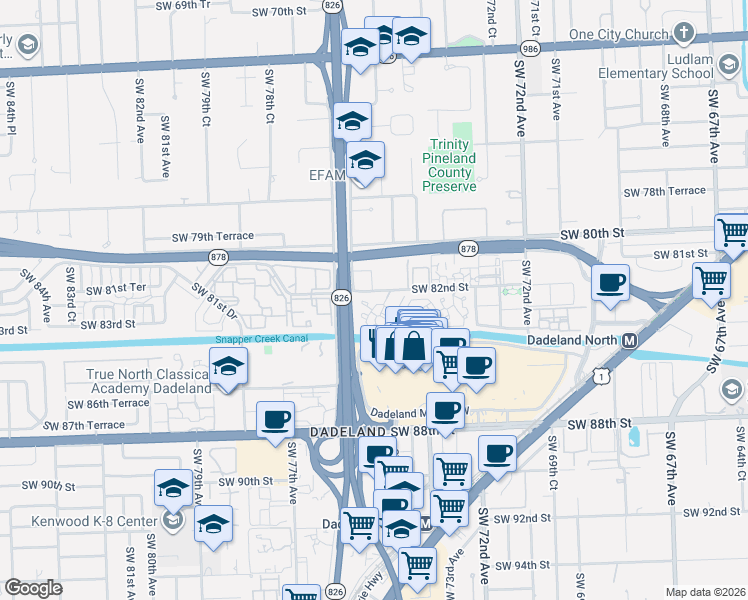 map of restaurants, bars, coffee shops, grocery stores, and more near 7600 Southwest 82nd Street in Miami