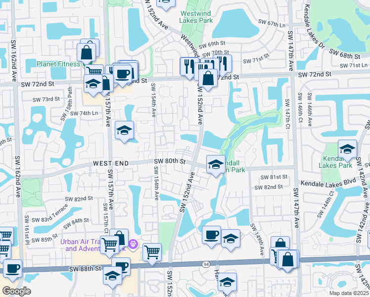 map of restaurants, bars, coffee shops, grocery stores, and more near 15231 Southwest 80th Street in Miami