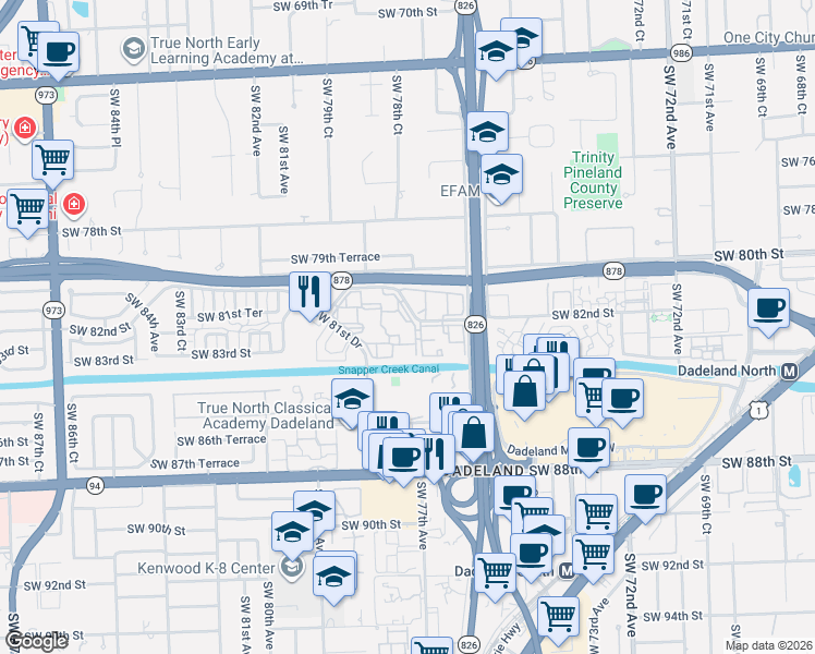 map of restaurants, bars, coffee shops, grocery stores, and more near 7820 Camino Real in Miami