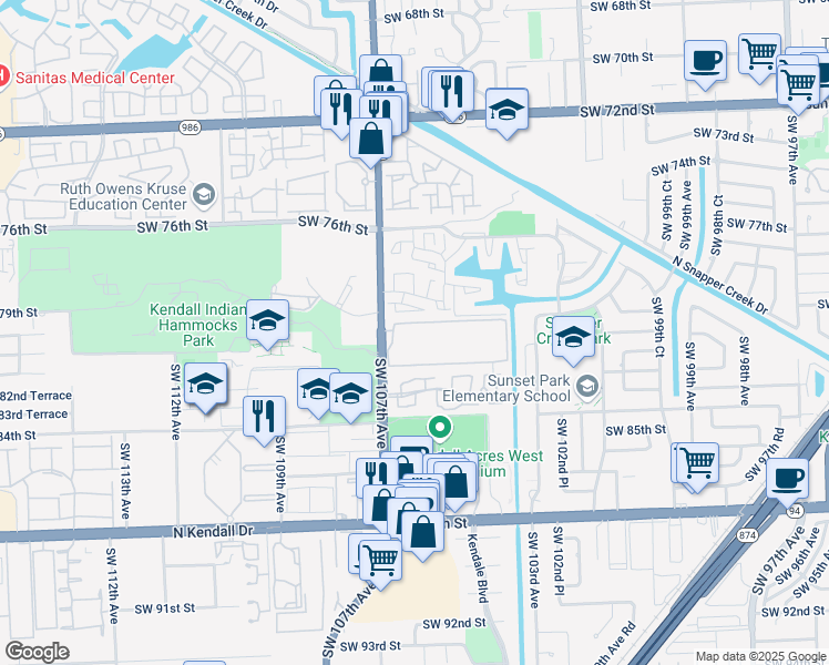 map of restaurants, bars, coffee shops, grocery stores, and more near 8005 Southwest 107th Avenue in Miami