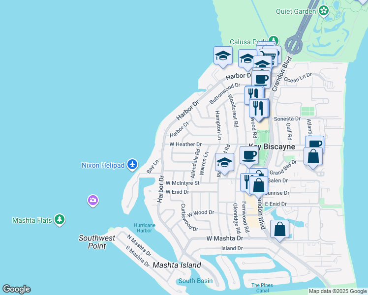 map of restaurants, bars, coffee shops, grocery stores, and more near 338 West Heather Drive in Key Biscayne