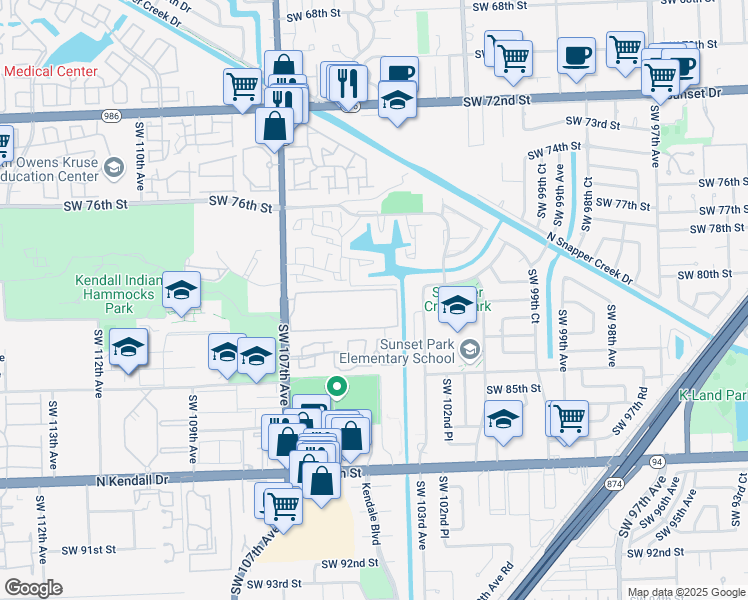 map of restaurants, bars, coffee shops, grocery stores, and more near 8025 Southwest 107th Avenue in Miami