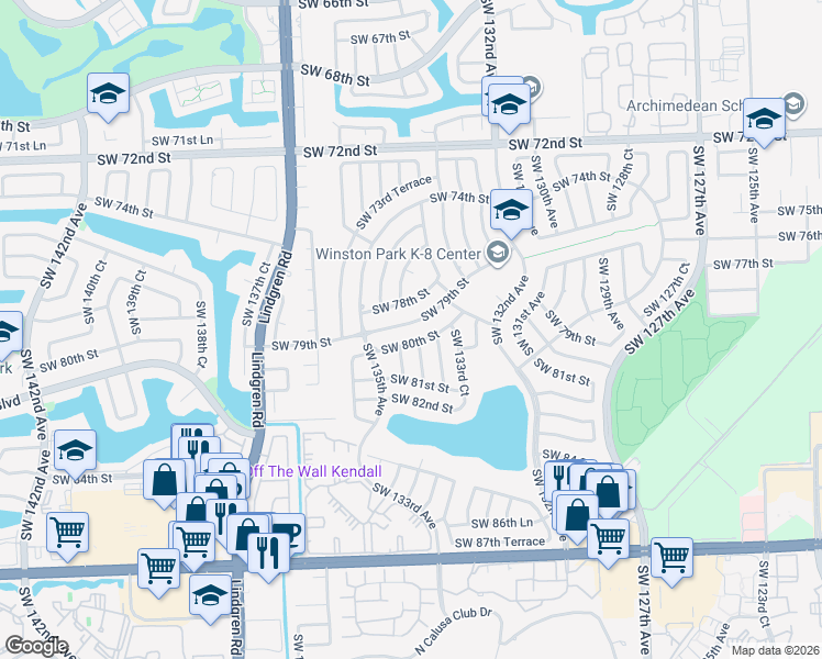 map of restaurants, bars, coffee shops, grocery stores, and more near 13430 Southwest 79th Street in Miami
