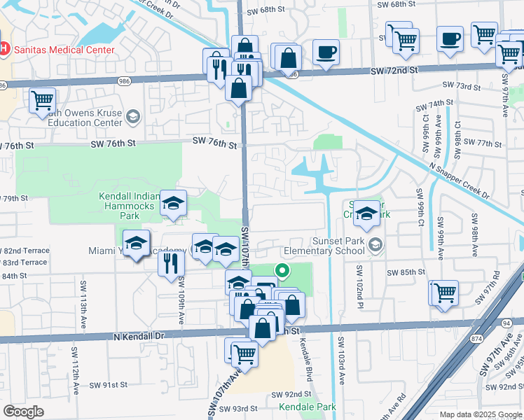 map of restaurants, bars, coffee shops, grocery stores, and more near 8045 Florida 985 in Miami