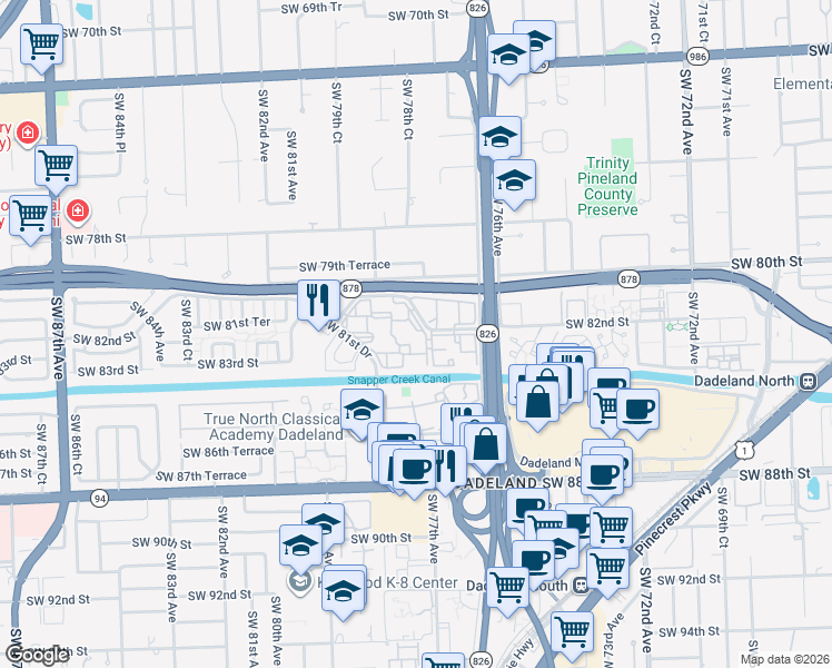 map of restaurants, bars, coffee shops, grocery stores, and more near 7820 Camino Real in Miami