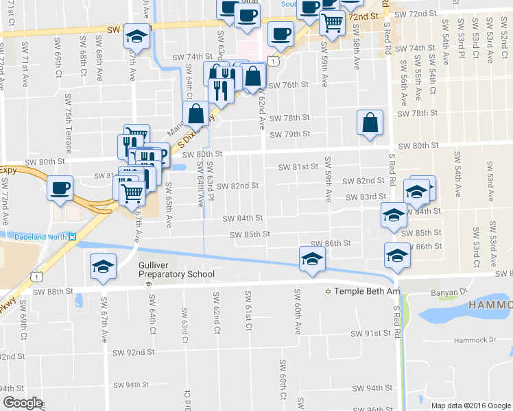 map of restaurants, bars, coffee shops, grocery stores, and more near 8325 Southwest 62nd Court in South Miami