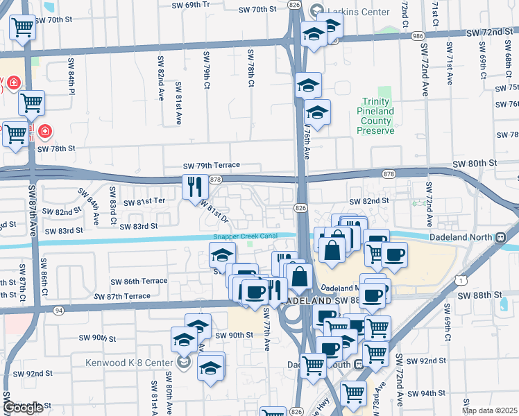 map of restaurants, bars, coffee shops, grocery stores, and more near 7820 Camino Real in Miami