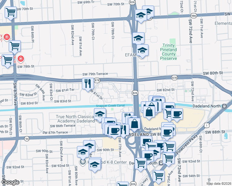 map of restaurants, bars, coffee shops, grocery stores, and more near 7820 Camino Real in Miami