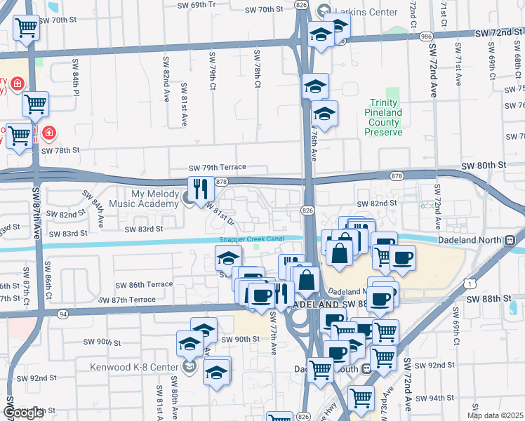 map of restaurants, bars, coffee shops, grocery stores, and more near 7820 Camino Real in Miami