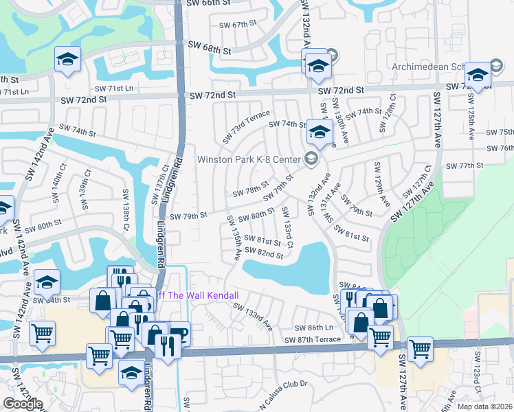 map of restaurants, bars, coffee shops, grocery stores, and more near 13430 Southwest 79th Street in Miami