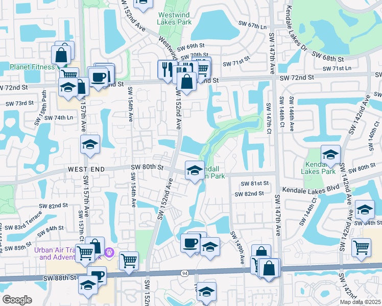 map of restaurants, bars, coffee shops, grocery stores, and more near 7805 Southwest 152nd Avenue in Miami