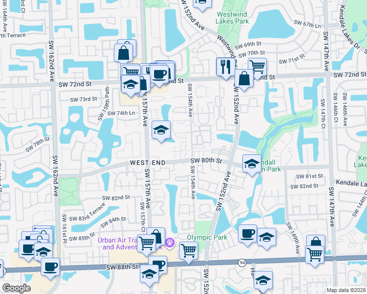 map of restaurants, bars, coffee shops, grocery stores, and more near 15471 Southwest 77th Circle Avenue in Miami