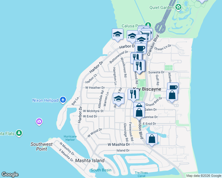 map of restaurants, bars, coffee shops, grocery stores, and more near 415 Hampton Lane in Key Biscayne