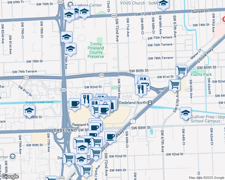 map of restaurants, bars, coffee shops, grocery stores, and more near 8255 Southwest 72nd Court in Miami