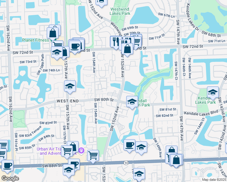 map of restaurants, bars, coffee shops, grocery stores, and more near 7699 Southwest 153rd Court in Miami