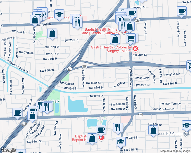 map of restaurants, bars, coffee shops, grocery stores, and more near 8131 Southwest 90th Avenue in Miami