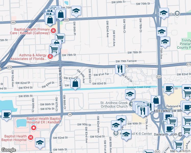 map of restaurants, bars, coffee shops, grocery stores, and more near 8234 Southwest 81st Terrace in Miami