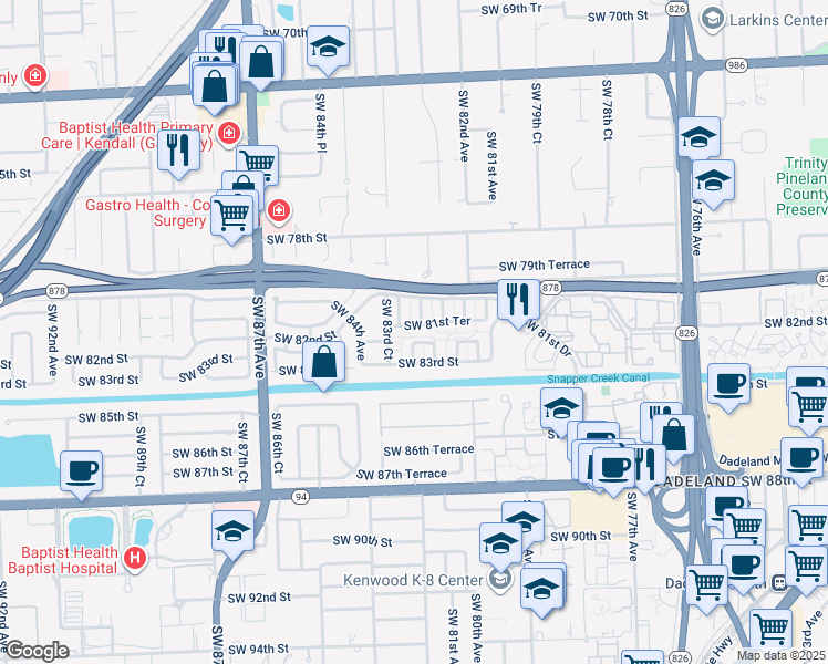 map of restaurants, bars, coffee shops, grocery stores, and more near 8234 Southwest 81st Terrace in Miami