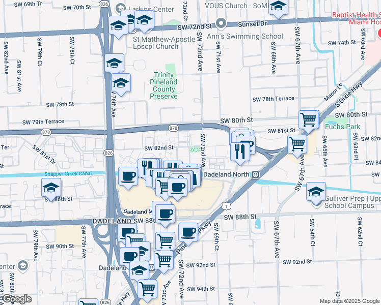 map of restaurants, bars, coffee shops, grocery stores, and more near 8250 Southwest 72nd Court in Miami