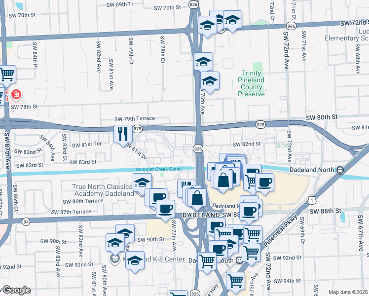 map of restaurants, bars, coffee shops, grocery stores, and more near Southwest 82nd Street in Miami