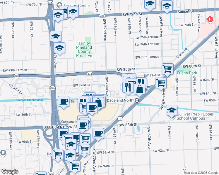 map of restaurants, bars, coffee shops, grocery stores, and more near 8217 Southwest 72nd Avenue in Miami