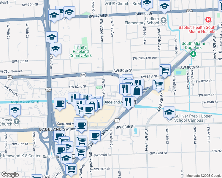 map of restaurants, bars, coffee shops, grocery stores, and more near 8217 Southwest 72nd Avenue in Miami
