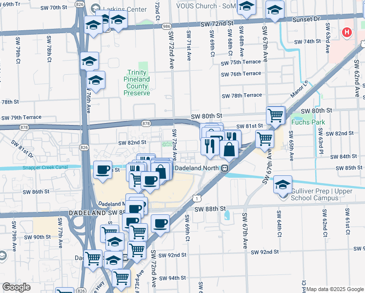 map of restaurants, bars, coffee shops, grocery stores, and more near 8217 Southwest 72nd Avenue in Miami