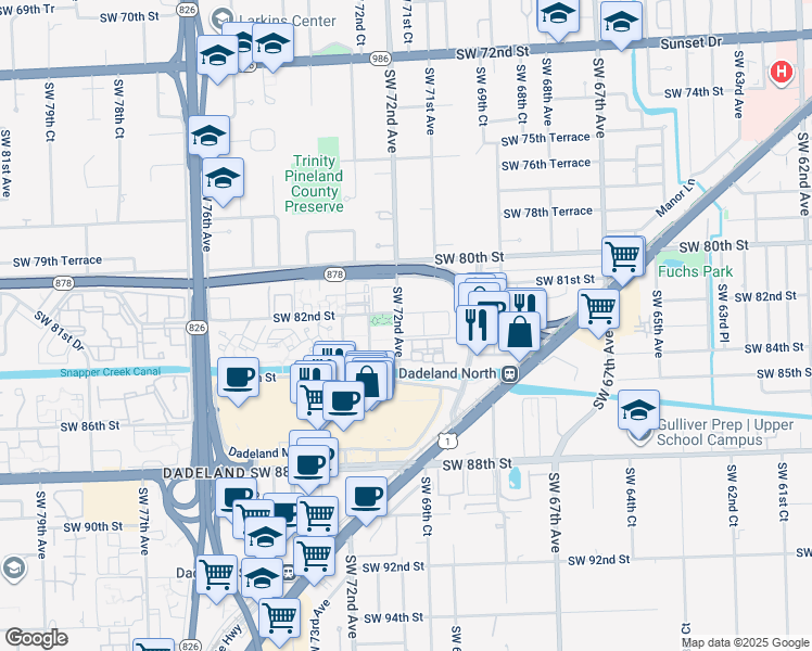 map of restaurants, bars, coffee shops, grocery stores, and more near 8217 Southwest 72nd Avenue in Miami