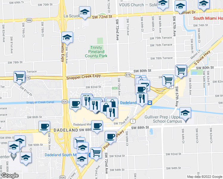 map of restaurants, bars, coffee shops, grocery stores, and more near 8255 Southwest 72nd Court in Miami