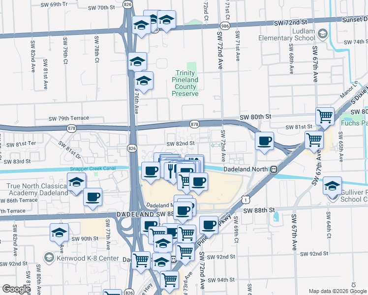map of restaurants, bars, coffee shops, grocery stores, and more near 7360 Southwest 82nd Street in Miami