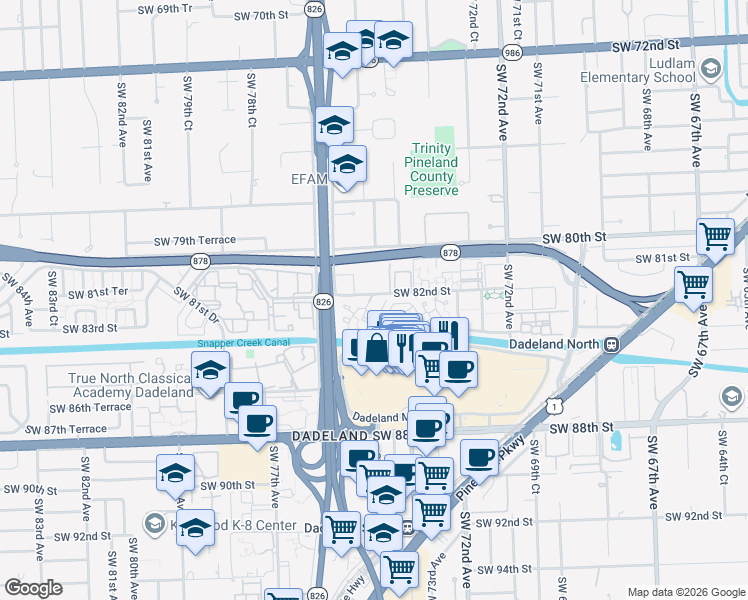 map of restaurants, bars, coffee shops, grocery stores, and more near 7520 Southwest 82nd Street in Miami