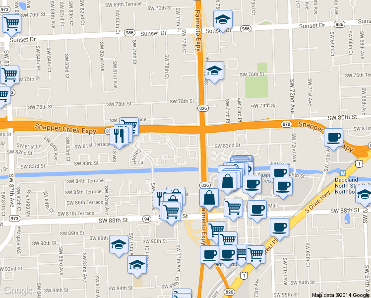 map of restaurants, bars, coffee shops, grocery stores, and more near Southwest 82nd Street in Miami