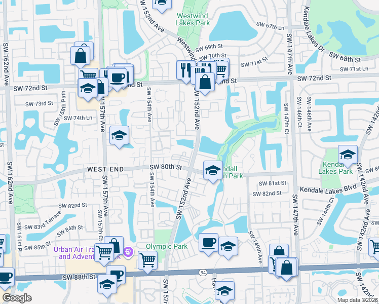 map of restaurants, bars, coffee shops, grocery stores, and more near 7841 Southwest 152nd Avenue in Miami