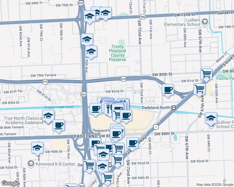map of restaurants, bars, coffee shops, grocery stores, and more near 7360 Southwest 82nd Street in Miami