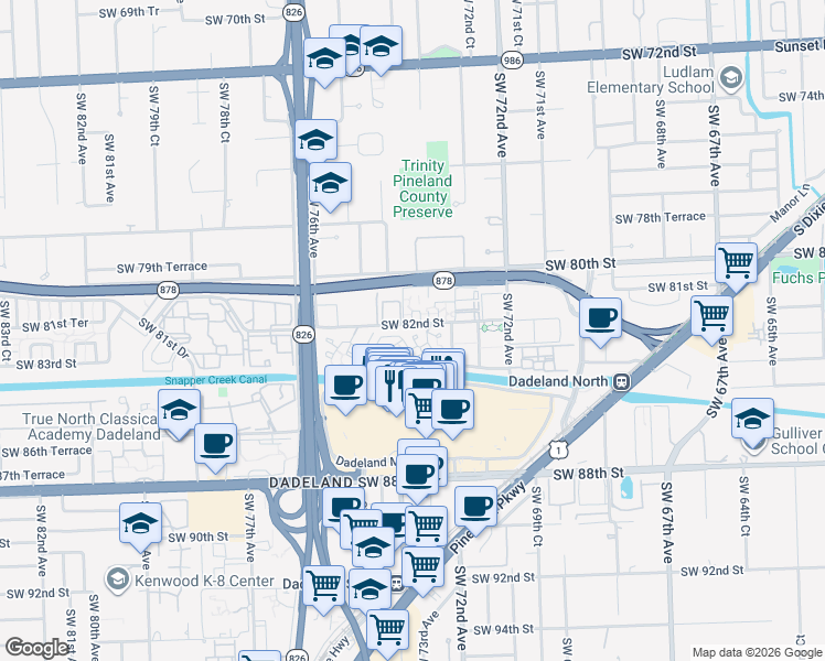 map of restaurants, bars, coffee shops, grocery stores, and more near 7360 Southwest 82nd Street in Miami